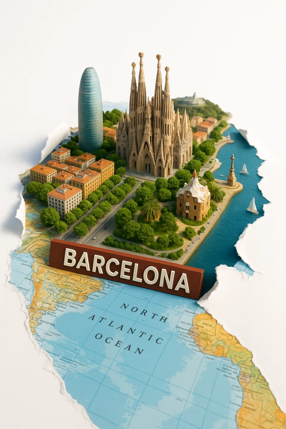 Isometric model of the city of Barcelona with famous landmarks on the map.