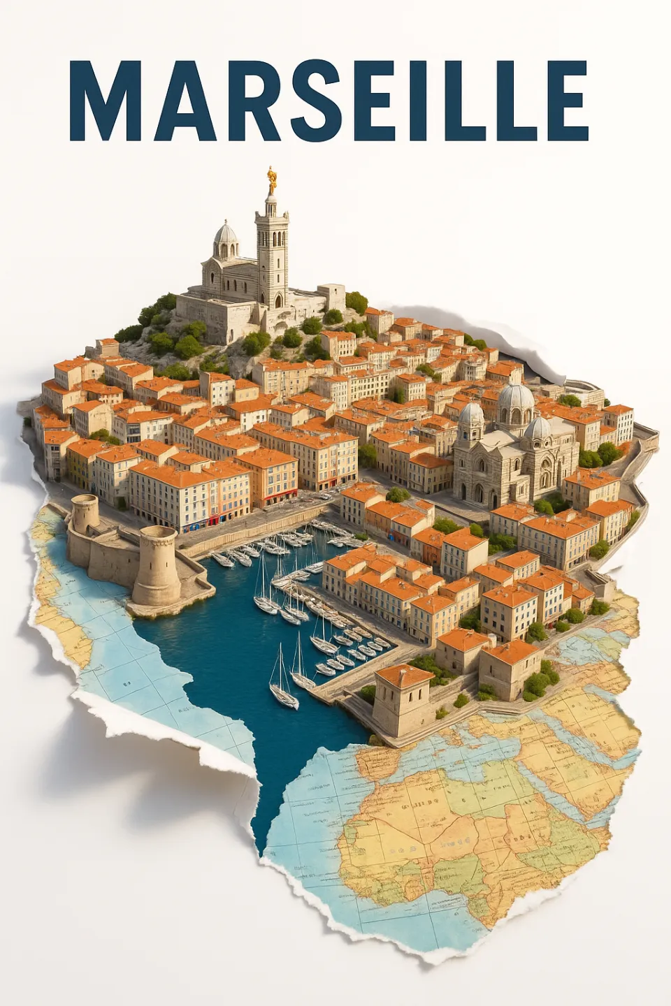 3D model of the city of Marseille with a port and historic buildings