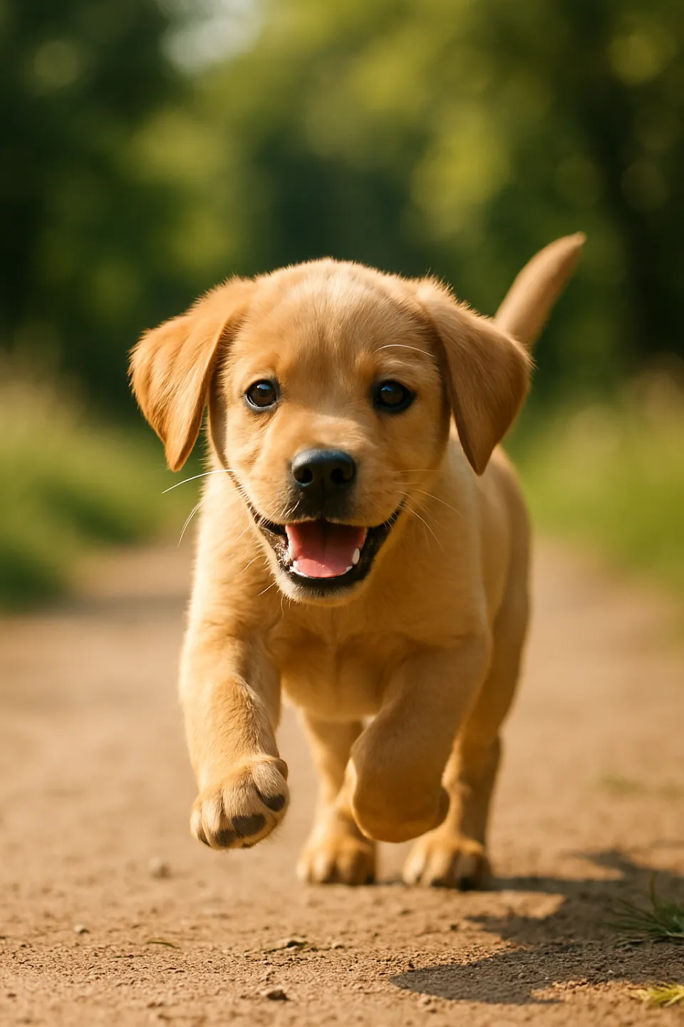 Little puppy singing against a green-yellow landscape