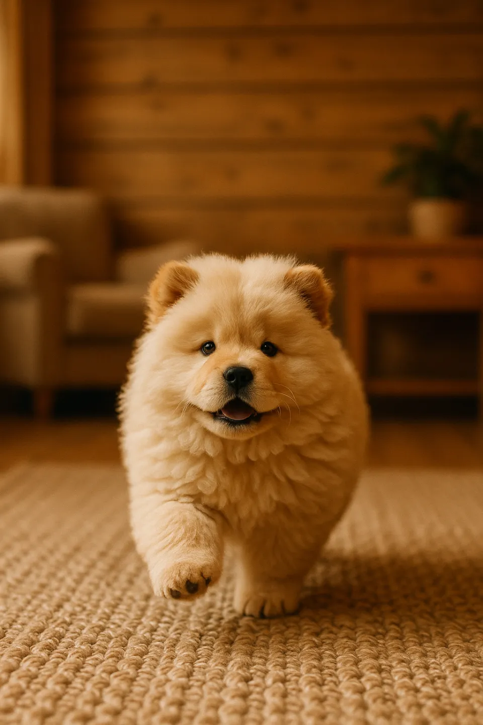Adorable cachorro Chow Chow en un acogedor entorno hogareño