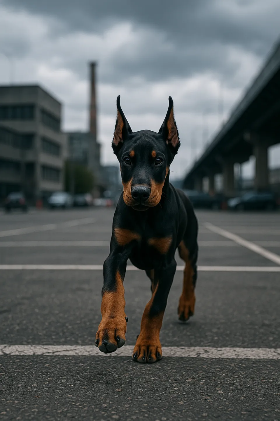 Young Doberman in a park area with gray clouds overhead