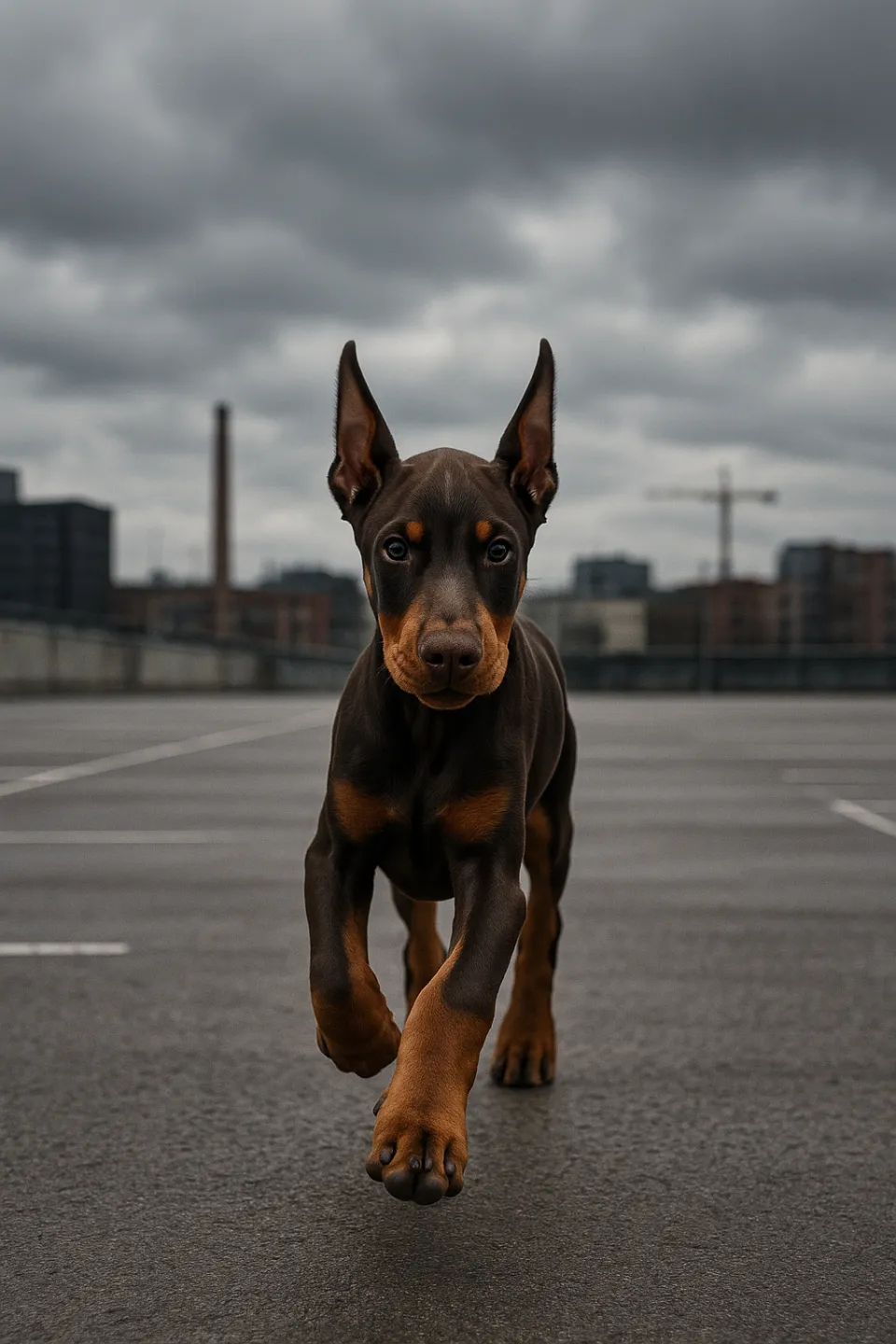 A young Doberman running on an empty parking lot with urban architecture in the background