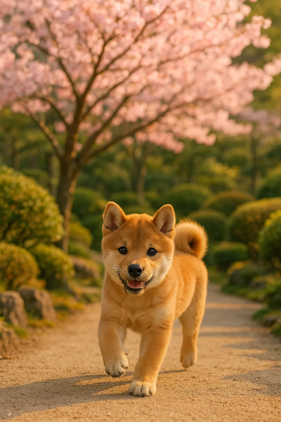Little Shiba Inu in a blooming garden with cherry blossom trees