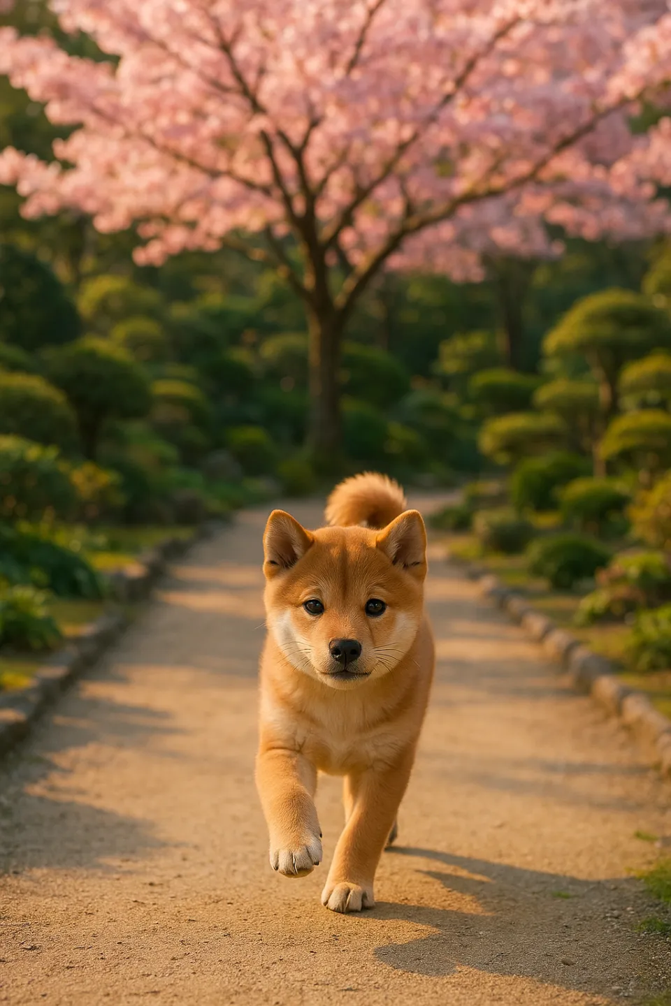 Young Shiba Inu puppy walking along a path in a garden among blooming cherry blossoms