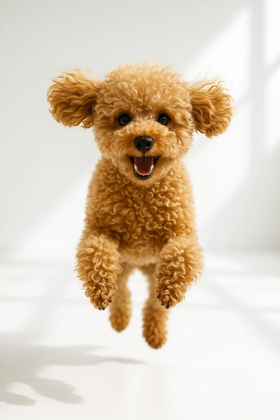 Poodle de pelo corto saltando felizmente en el aire