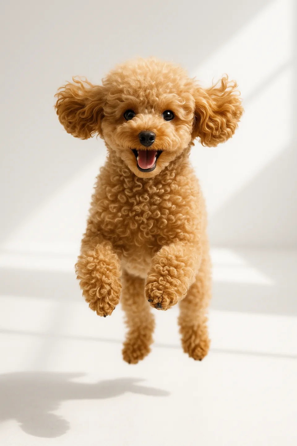 Funny brown poodle with curly fur in mid-air