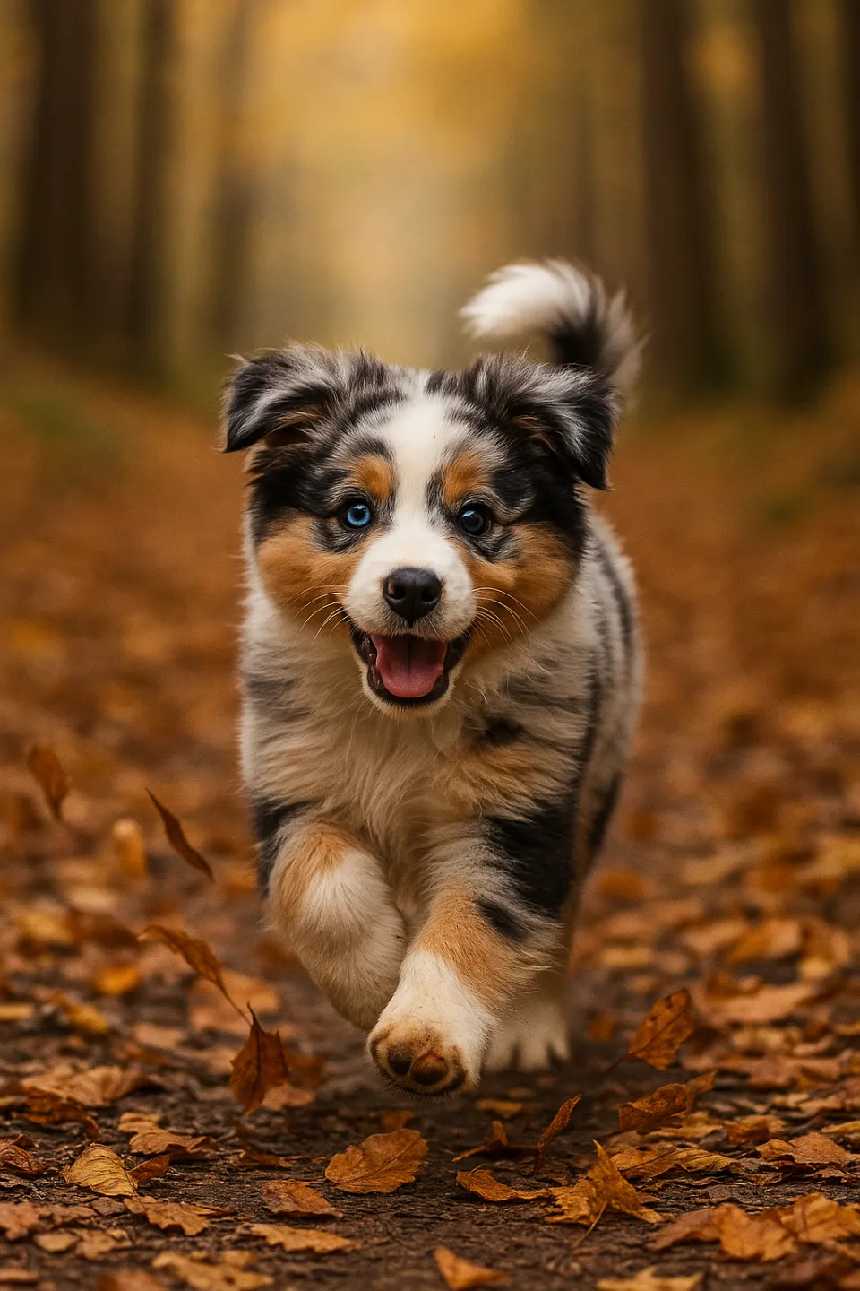 Cute Australian Shepherd puppy running in the autumn forest