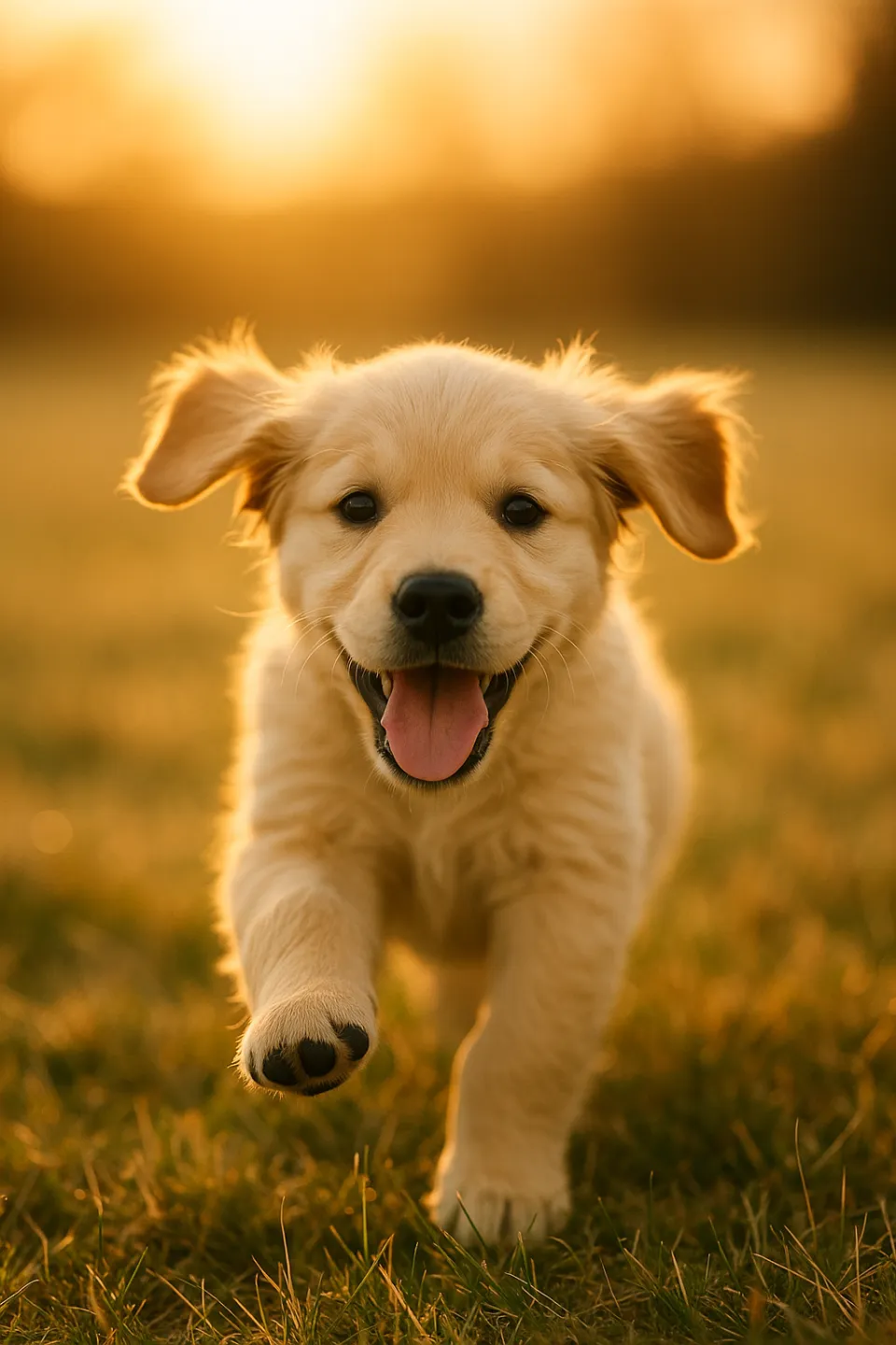 Cute golden retriever puppy running through the grass at sunset
