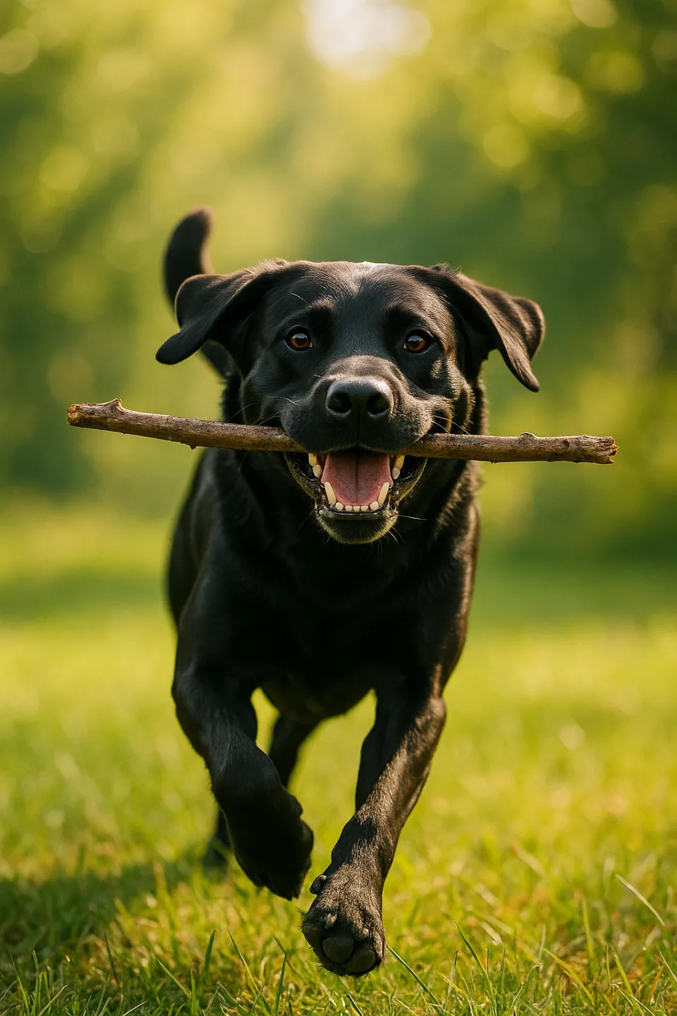 Black Labrador Retriever with a stick in its mouth on a green meadow