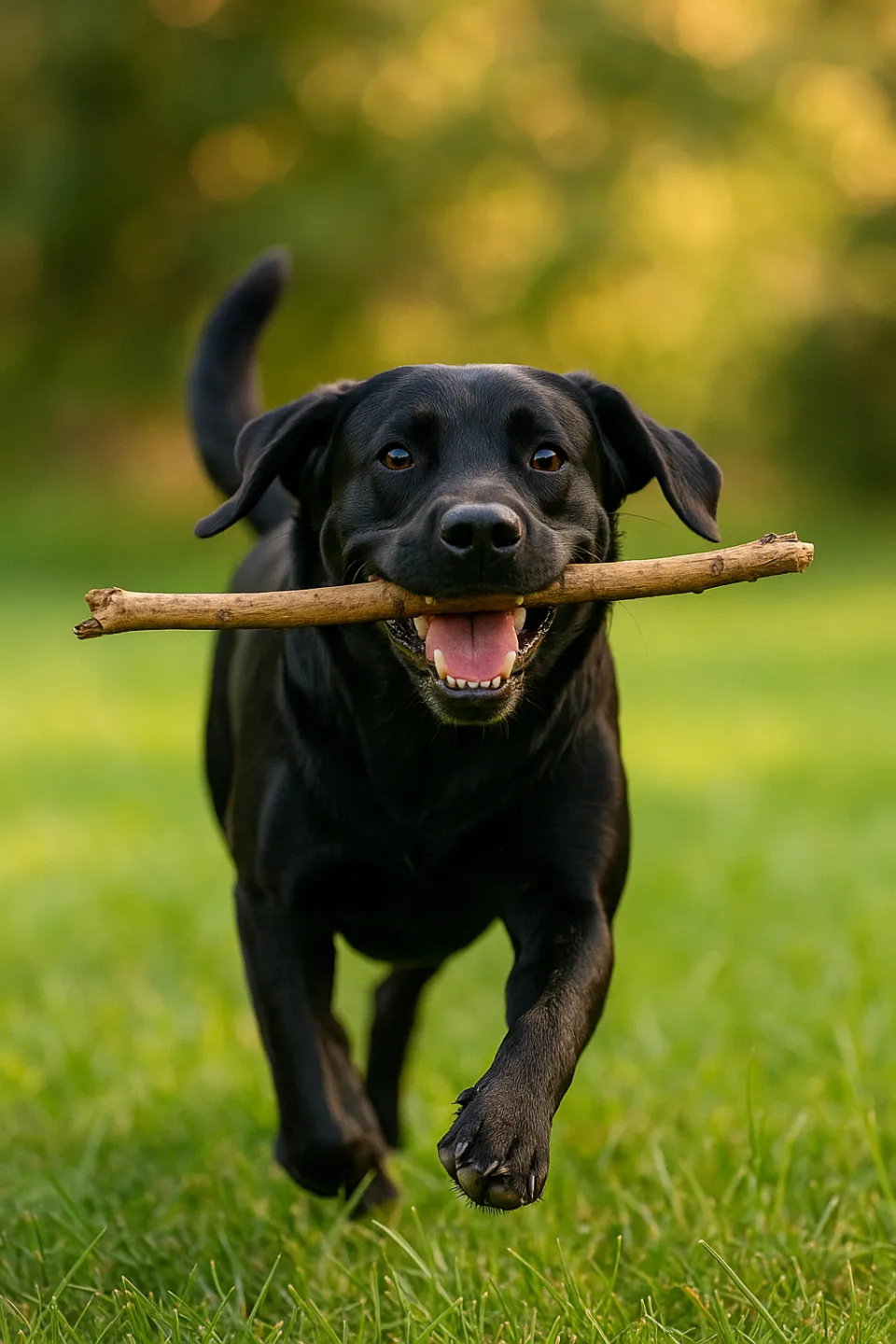 Black Labrador dog happily holding a stick in its mouth against a natural backdrop