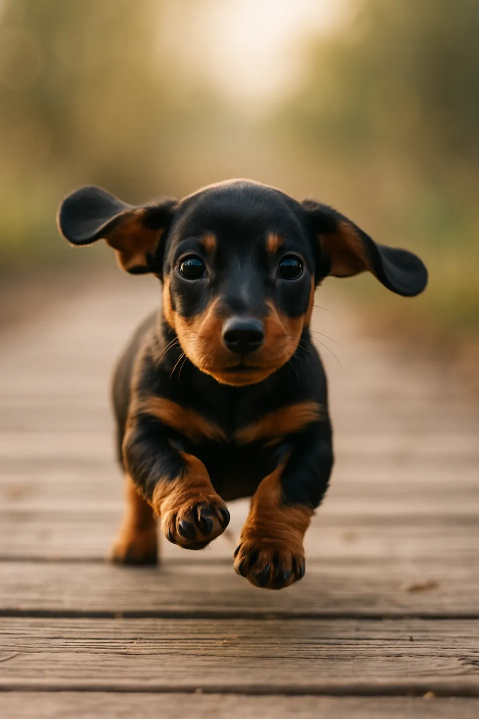 Dachshund puppy running along a small path against a natural backdrop