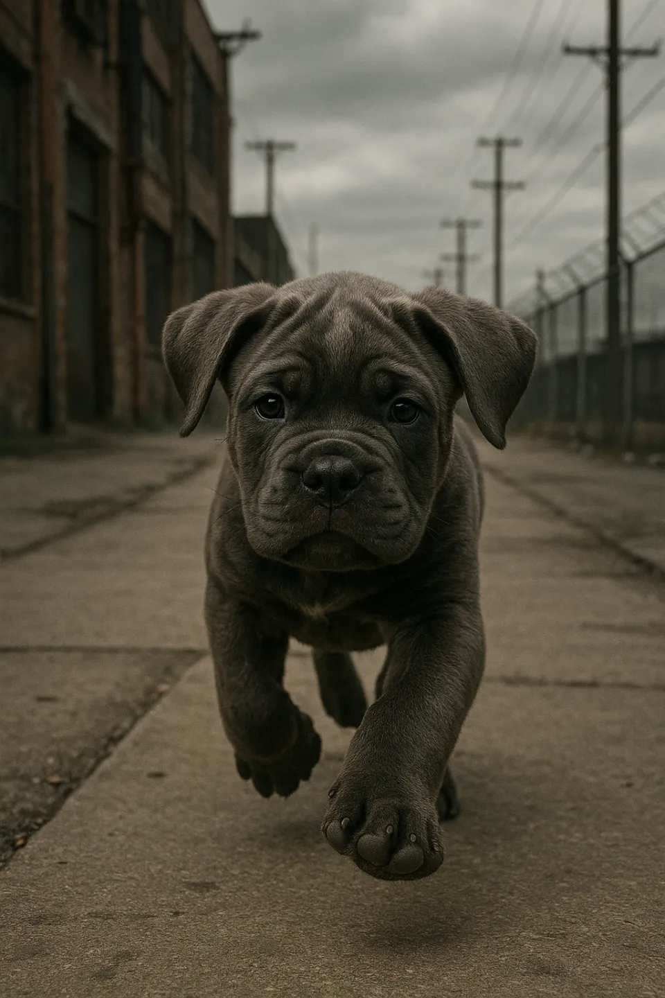 Cane Corso puppy running on an asphalt road
