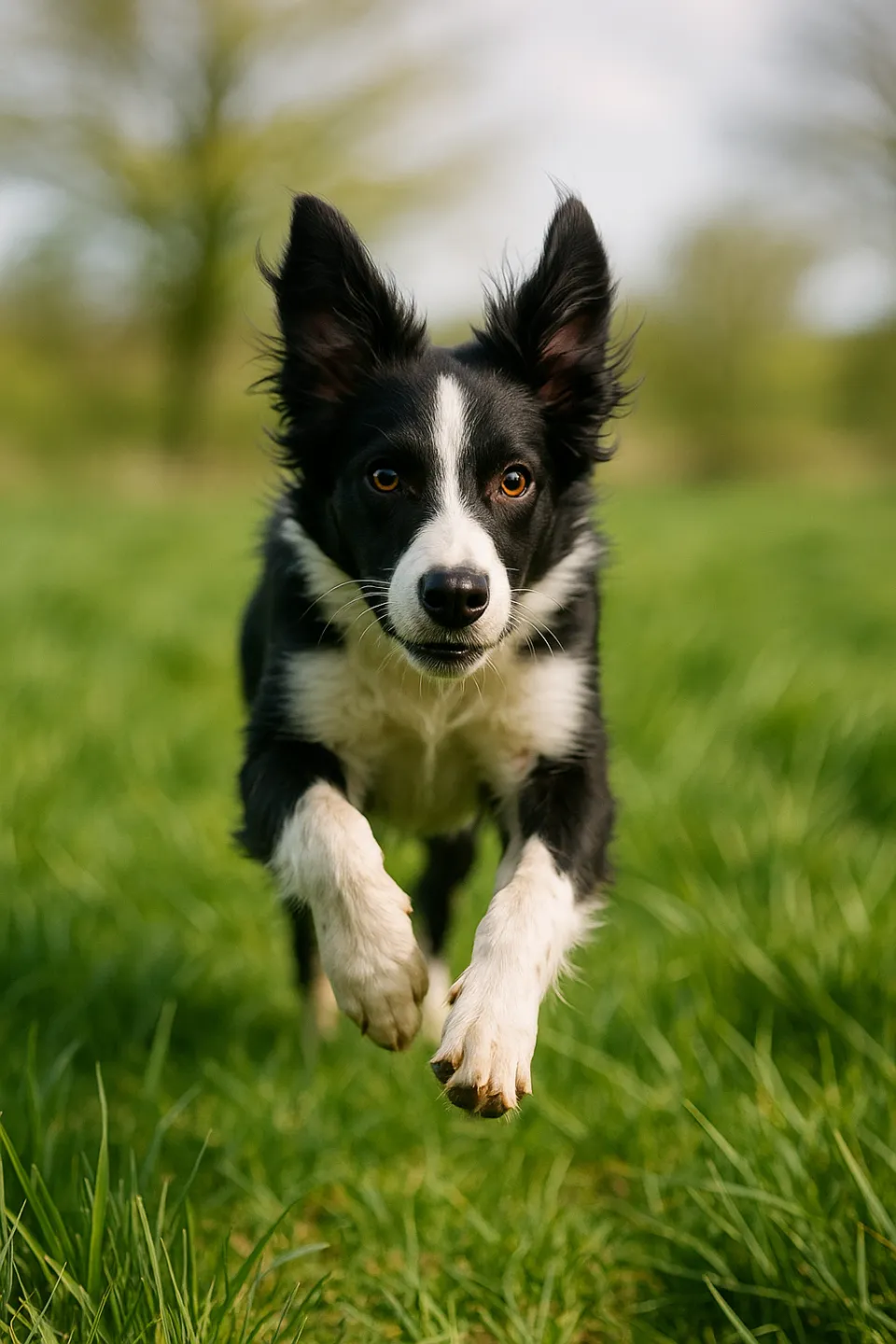 Border Collie running actively on green grass