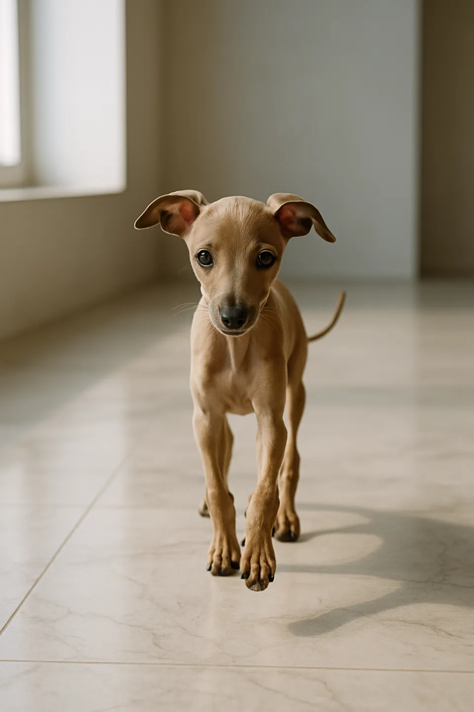 Small beige puppy on a light floor with windows