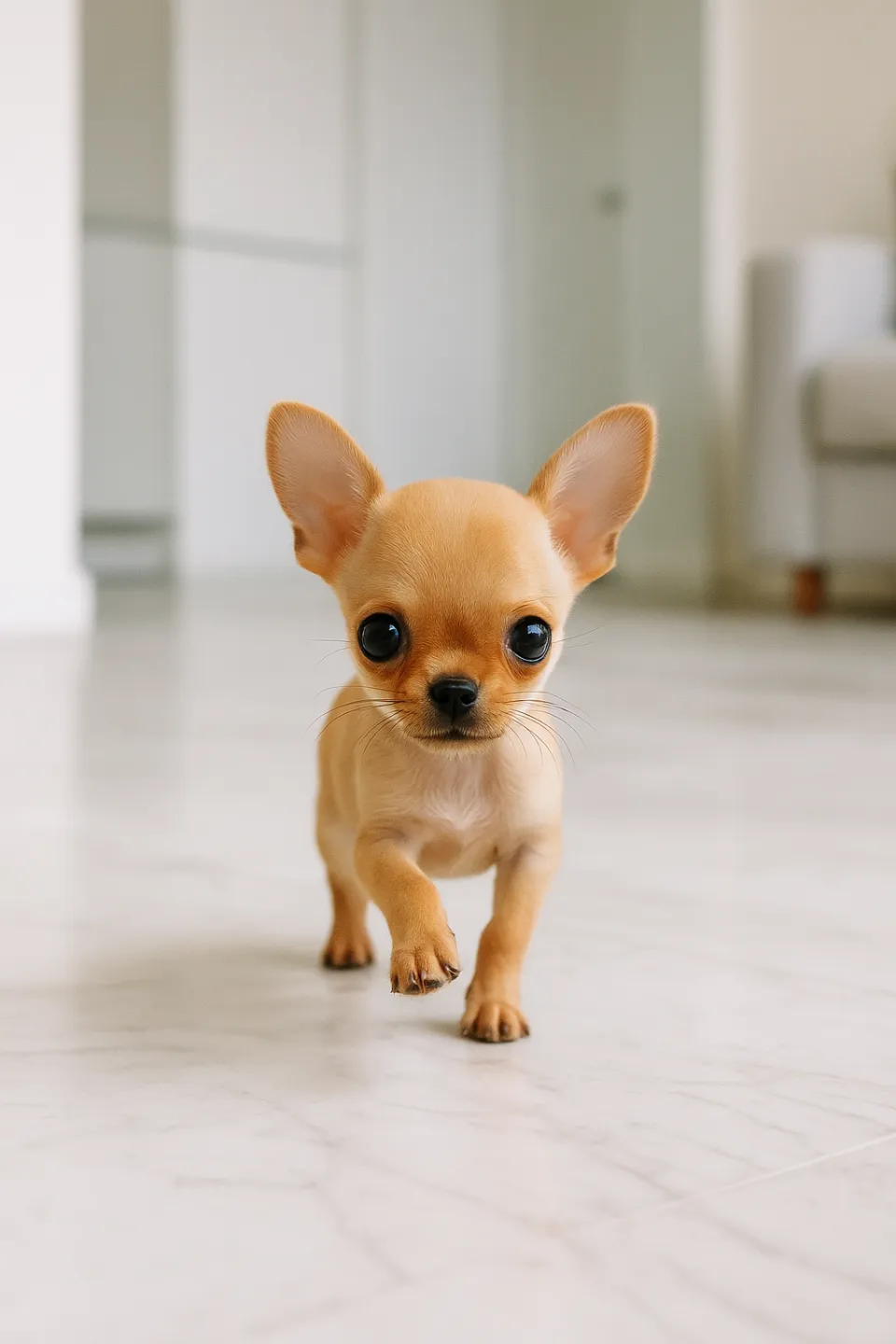 Small Dachshund puppy with big eyes and ears in an interior