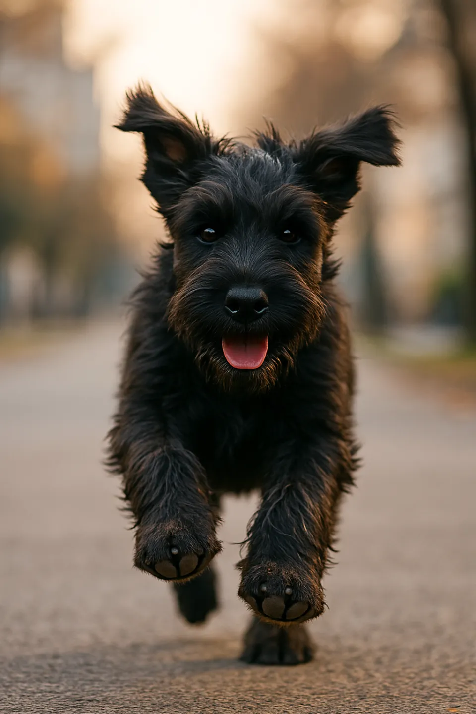 A black breed puppy running on the sidewalk against an autumn landscape