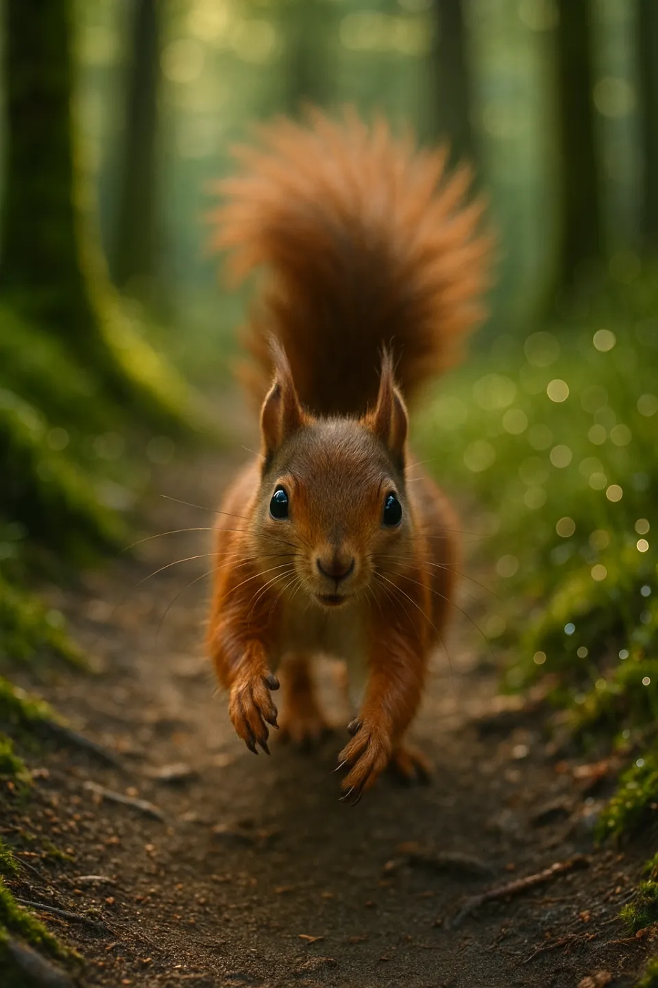 Squirrel jumping on a path in the forest, surrounded by greenery