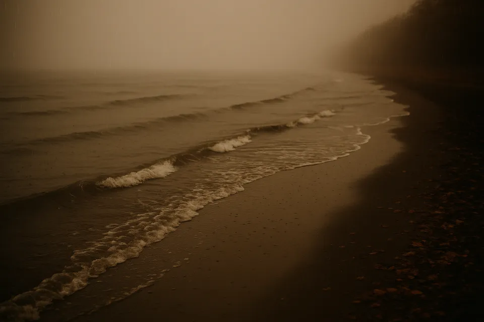 Calm misty shore with waves and rays of light.