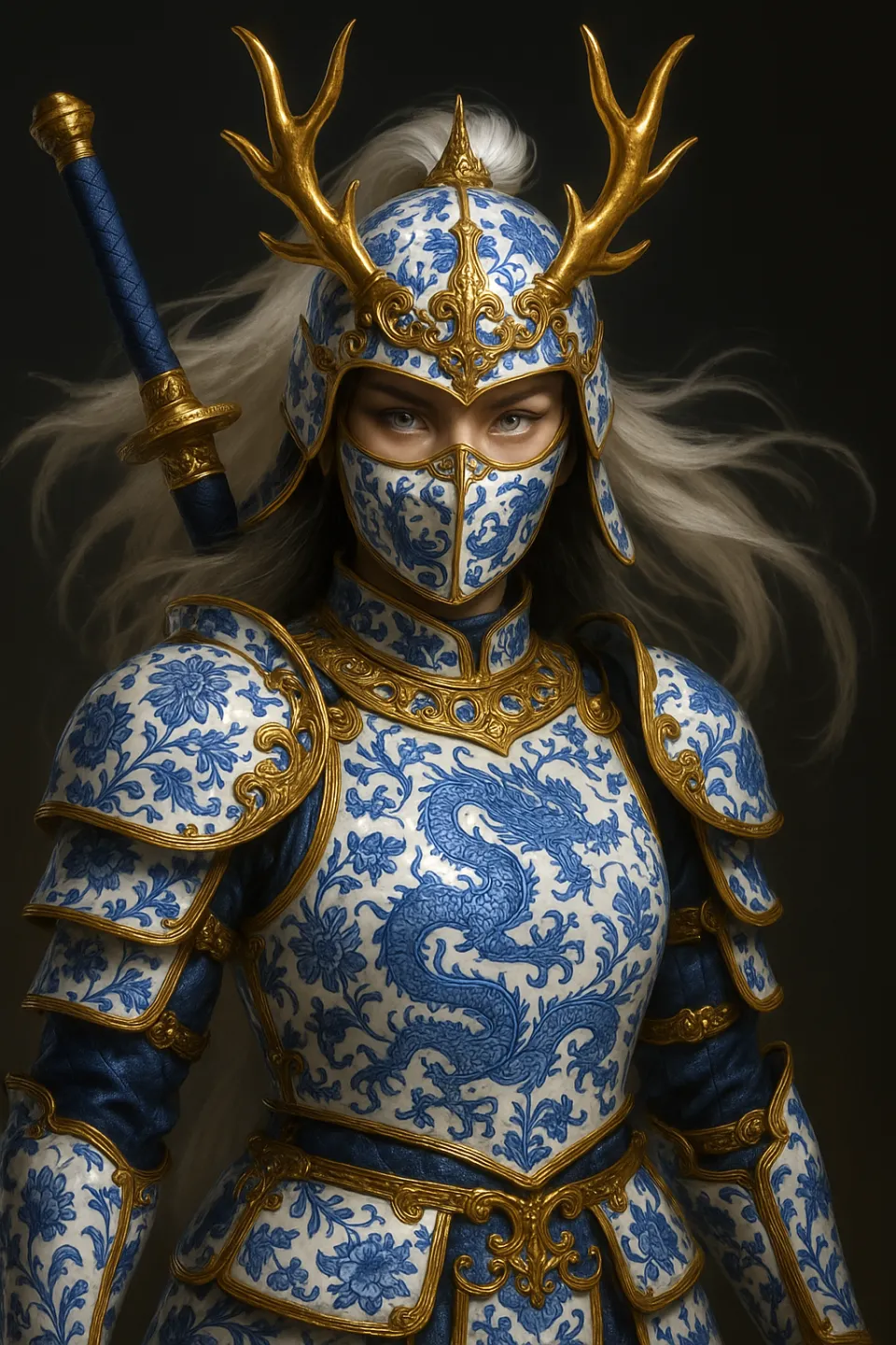 Striking image of a knight in elaborately decorated armor with antlers