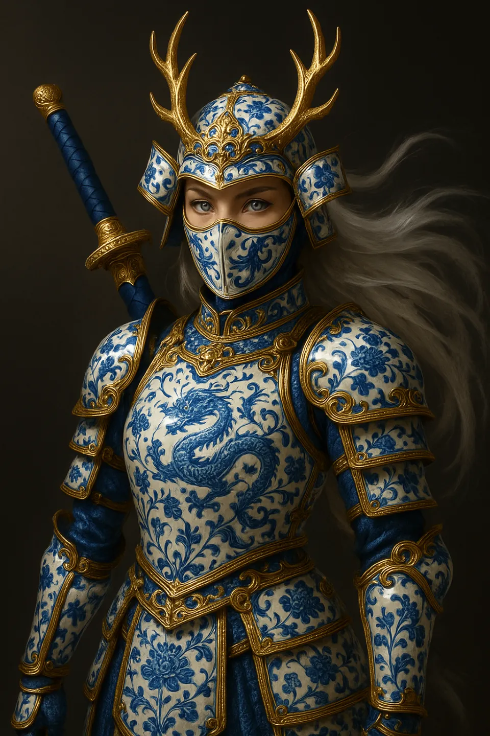 Female warrior in rich armor with blue dragon detailing and golden accents