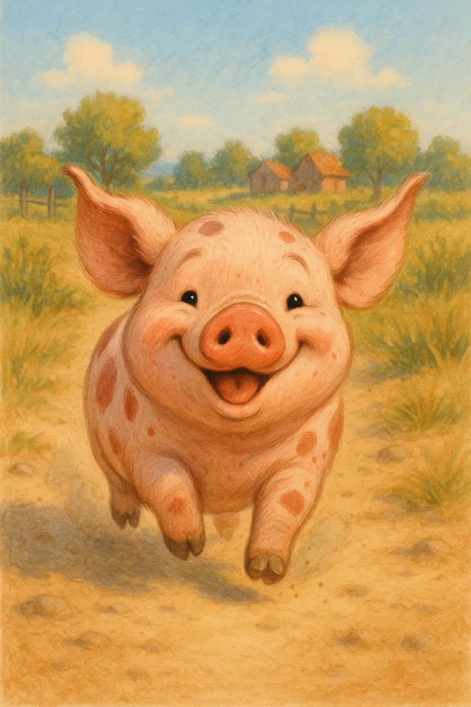 Cute piglet joyfully running across the green meadow under the sun