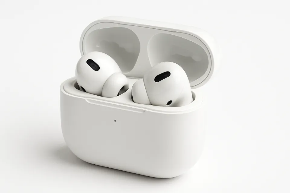 Wireless AirPods in an open case on a white background