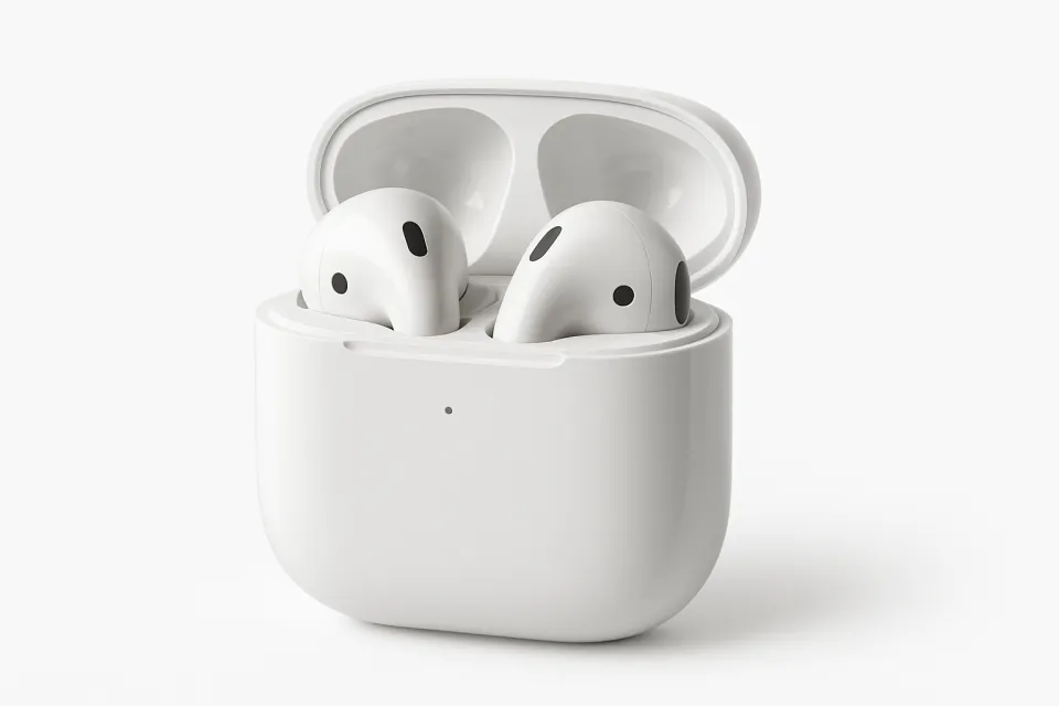 Two white wireless earbuds in a charging box
