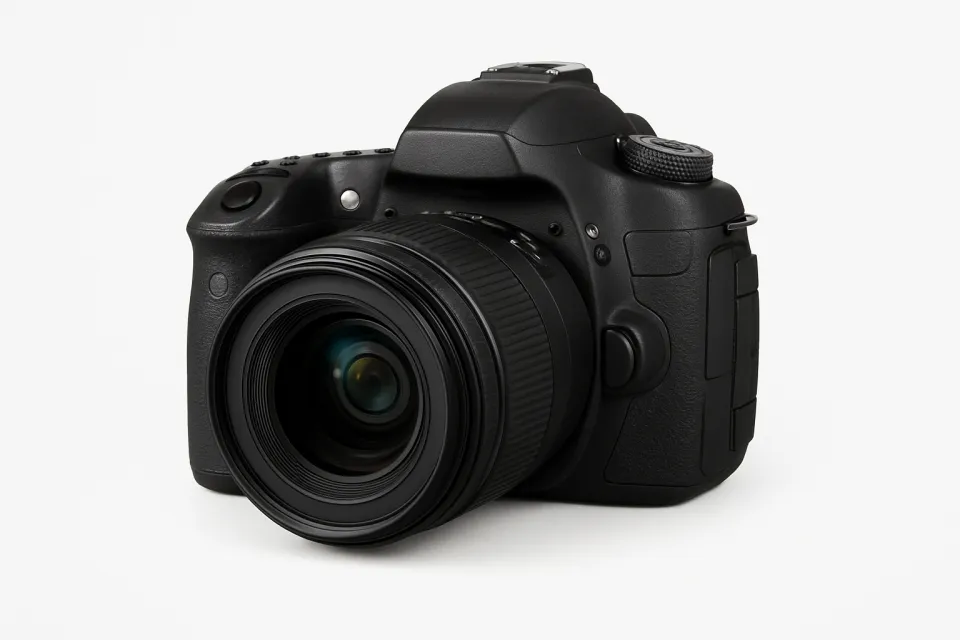 Digital single-lens reflex camera with a large lens on a white background