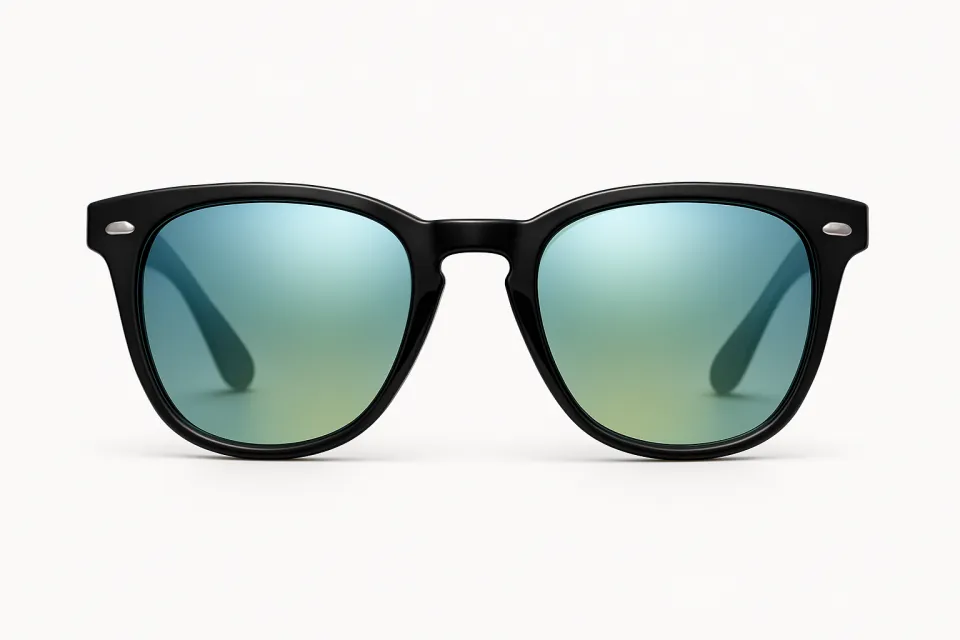 Black sunglasses with blue gradient lenses on a white background
