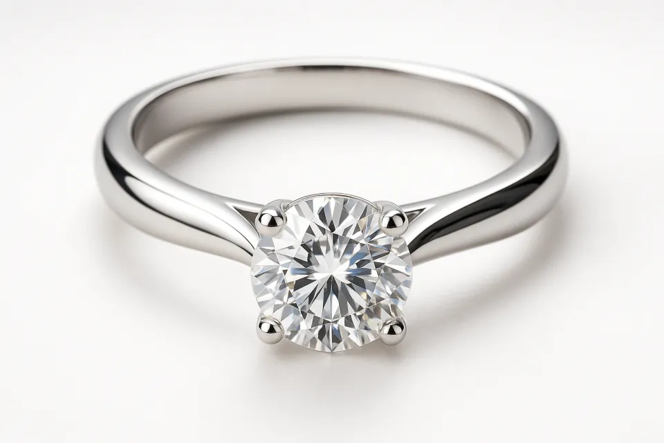 Stylish wedding ring with a round diamond on a white background