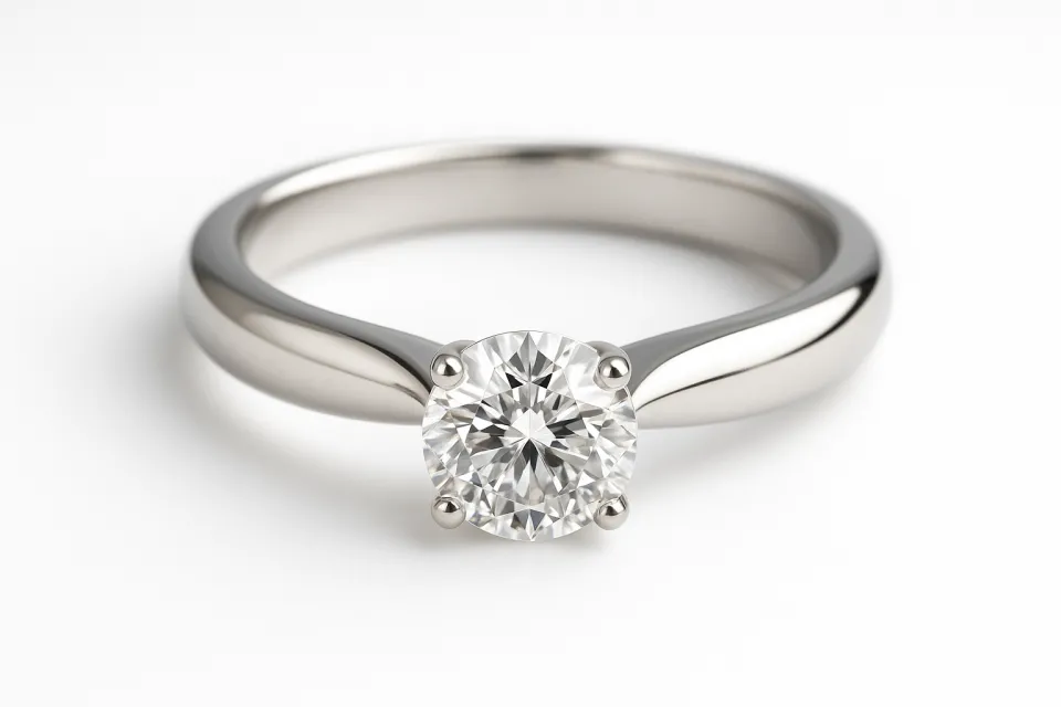 Engagement ring with a round diamond on a shiny band