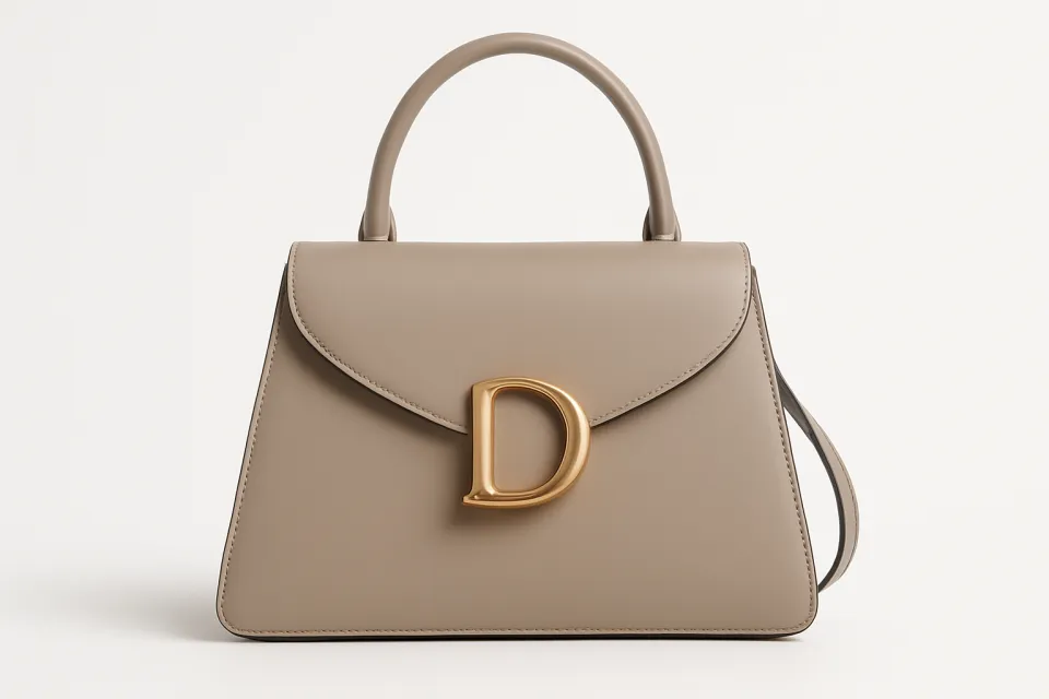 Bolso elegante de color marrón claro con la letra D metálica