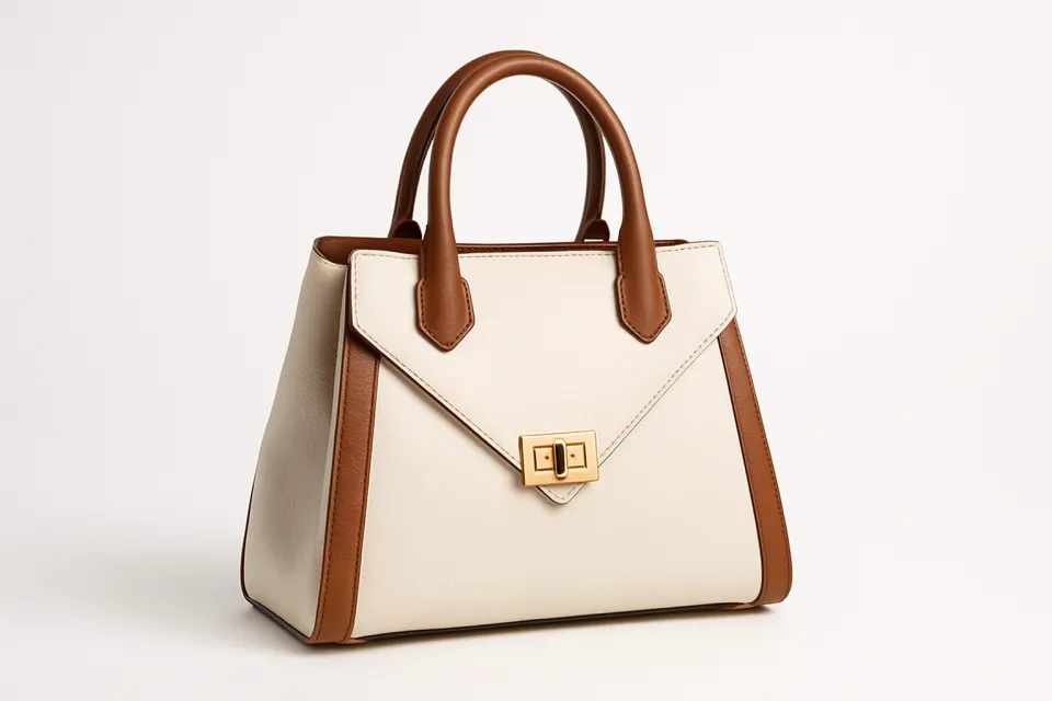 Elegant handbag with brown leather handles and a modern design.