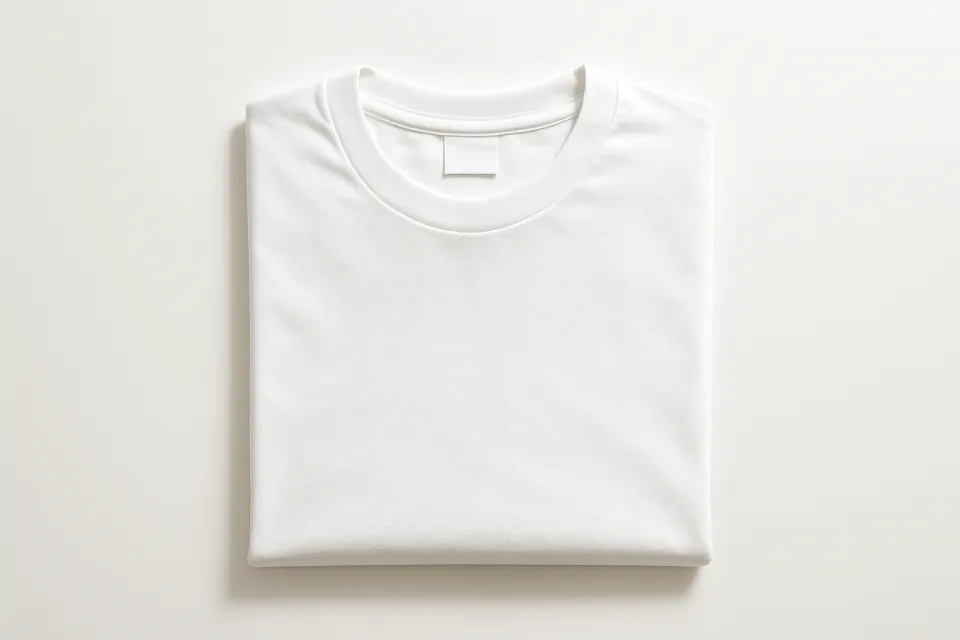 Simple white t-shirt neatly folded on a light background