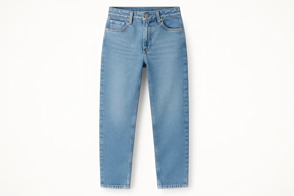 Stylish blue jeans presented on a neutral background