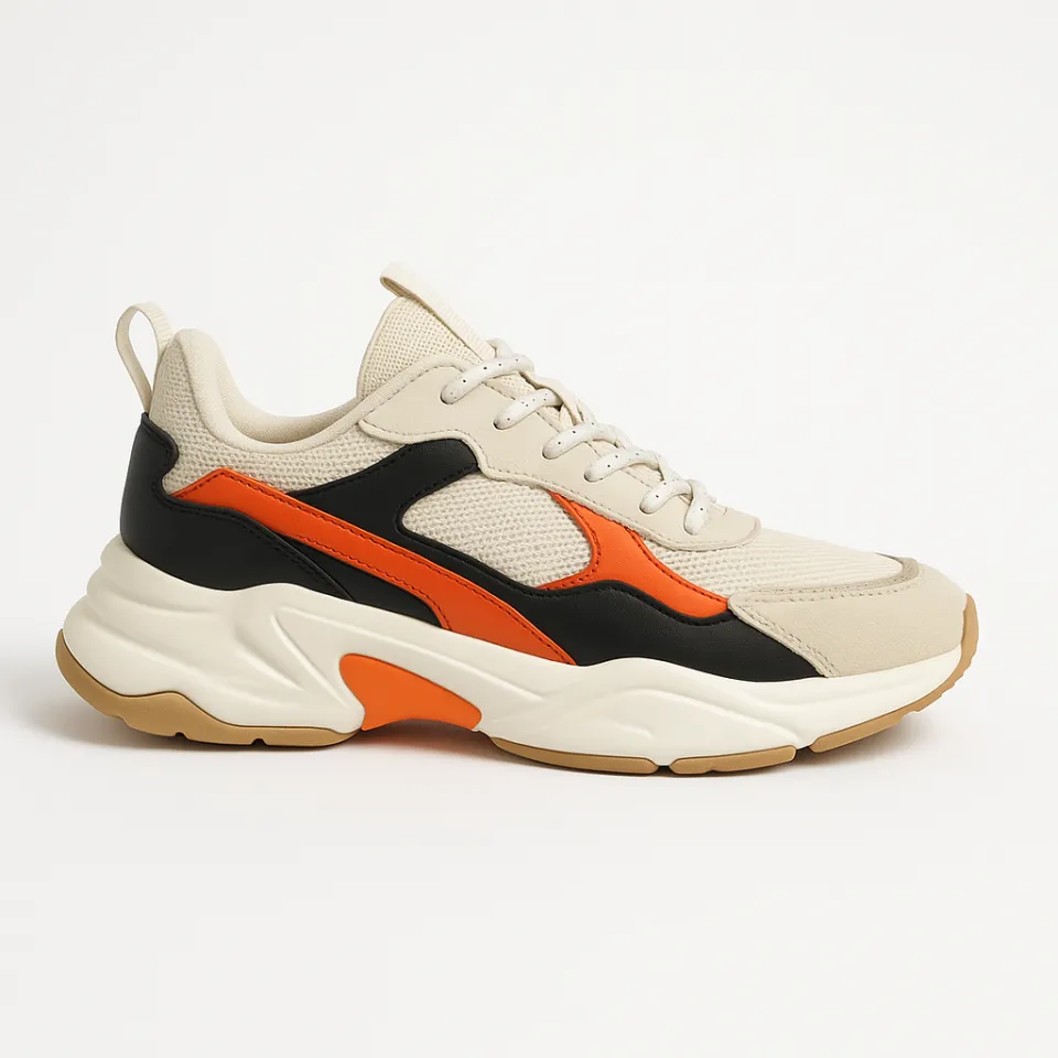 Stylish sneakers with black, orange, and beige accents