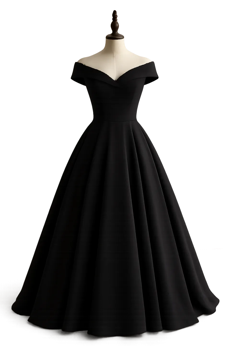Sophisticated black evening dress with off-the-shoulder design and a wide skirt