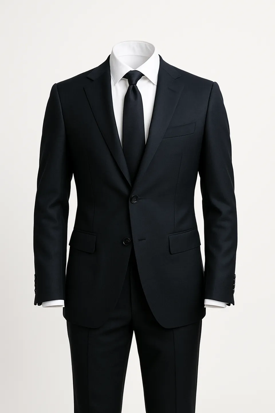 Esmoquin negro para hombre frente a una pared neutral