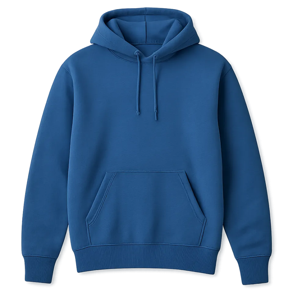 Cozy blue sweatshirt with a pocket and drawstrings on the hood