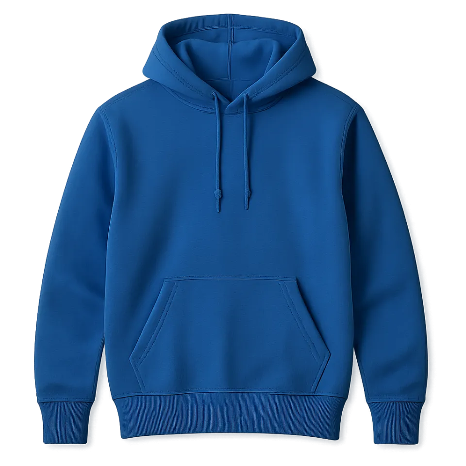 Image of a blue hoodie with a hood and front pocket