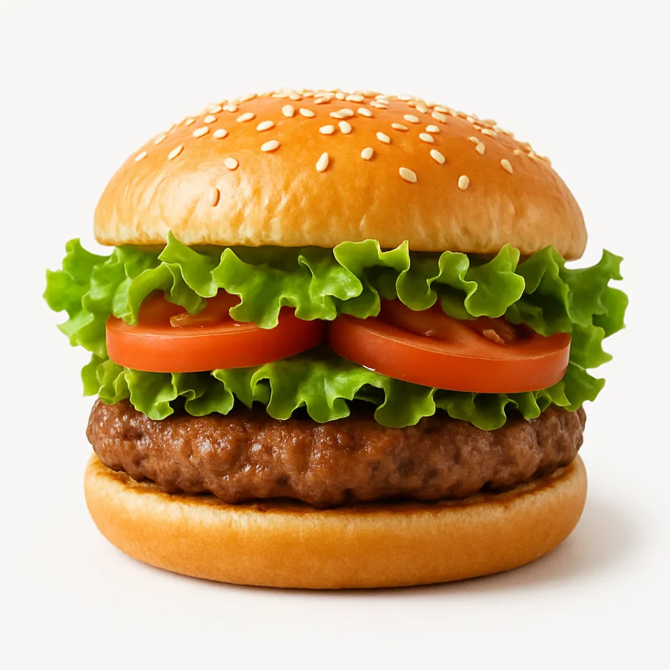 Deliciosa hamburguesa con carne, tomates frescos y hierbas
