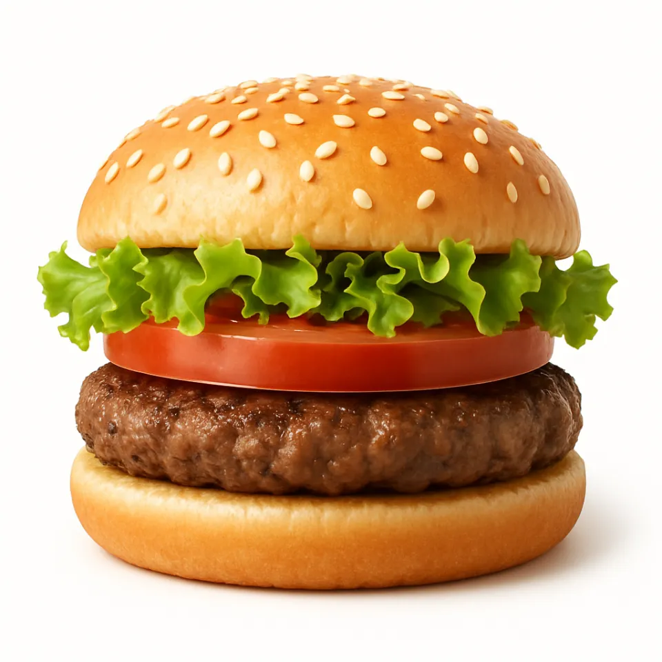 Hamburguesa con carne de res, hojas de lechuga y tomates