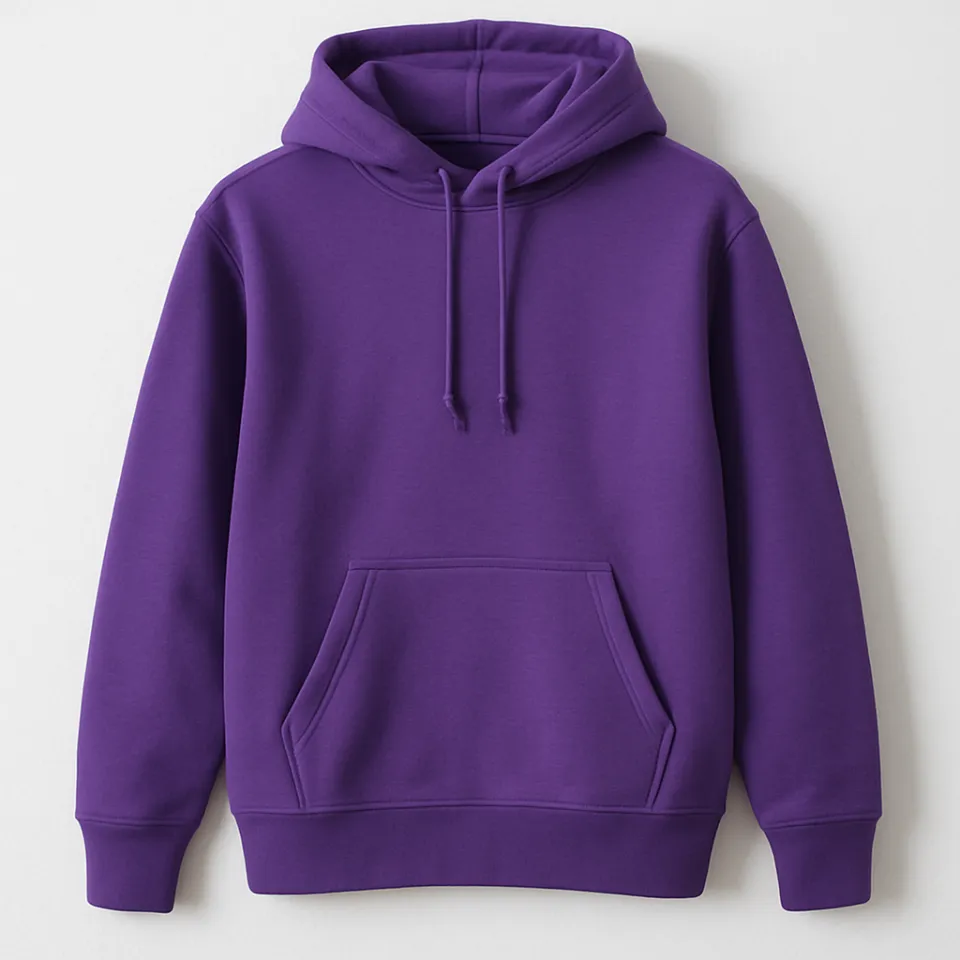 Purple hoodie with a pocket and drawstrings presented on a neutral background