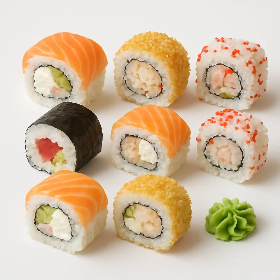 Delicious sushi rolls of various kinds with wasabi on a white background
