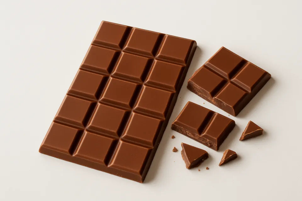 Piece of chocolate bar with several broken pieces nearby
