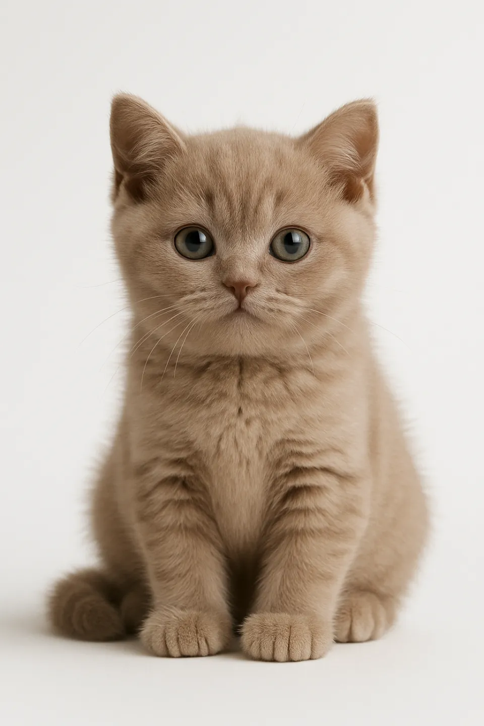 Gatito de pelaje suave sentado contra una pared blanca