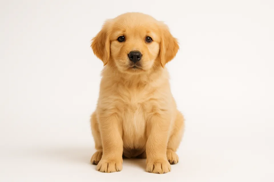 Golden Retriever puppy sitting on a white background with an intelligent look