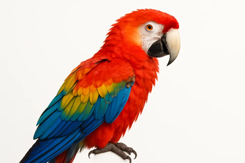Portrait of a Macaw Parrot with Bright Feathers on a White Background