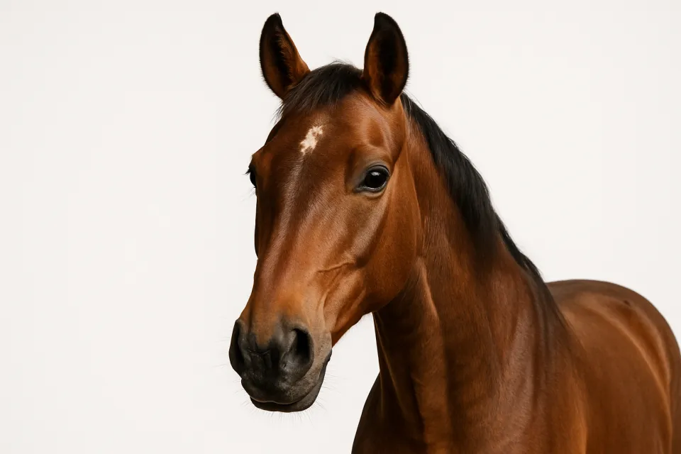 Close-up of a brown horse on a white background