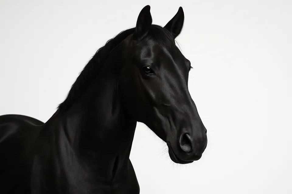 Portrait of a black horse with striking features on a neutral background